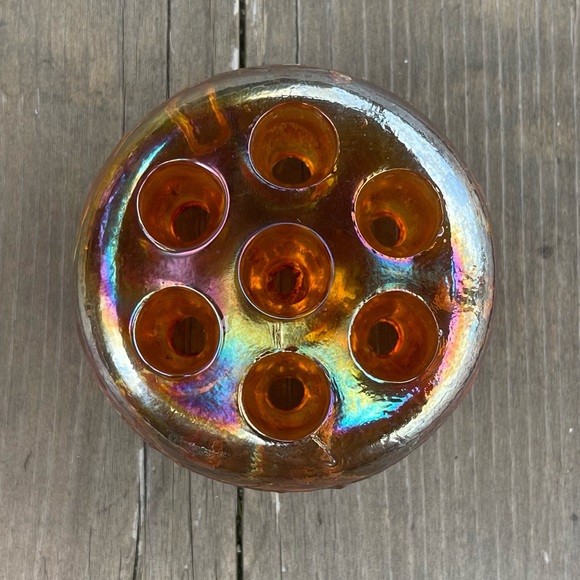 Vintage Iridescent Marigold Carnival Glass Flower Frog Floral Arranger - Picture 13 of 14